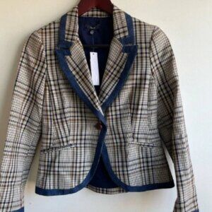 NWT DREW|| Anthropologie Plaid Blazer. Beige with Navy/Denim edge detail…